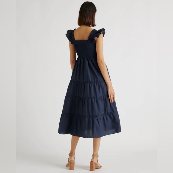 NWT Quince 100% Organic Cotton Poplin Smocked Midi Dress in Navy - Picture 4 of 10